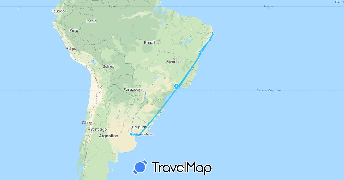 TravelMap itinerary: driving, boat in Brazil, Uruguay (South America)